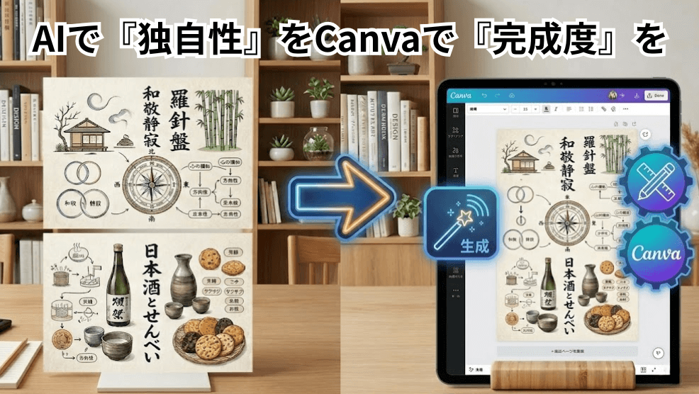 和モダンのデスクの上で、AIで生成した羅針盤や日本酒のイメージ図が並び、その横でMacBook（Canvaの画面）がAIアイコンからCanvaアイコンへの矢印と生成された画像の編集画面を表示している。