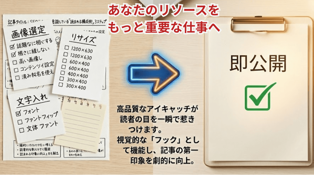 編集者のデスクの上で、手書きのタスクリスト（画像選定、リサイズ、文字入れ）が「工数ゼロ」と書かれたスタンプで消され、隣に「即公開」と書かれた書類が置かれている。
